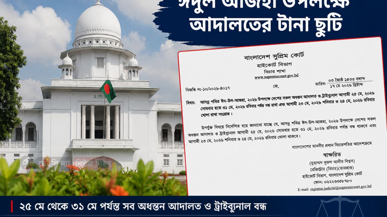ঈদুল আজহা উপলক্ষে দেশের অধস্তন আদালত ও ট্রাইব্যুনালে টানা ছুটি ঘোষণা